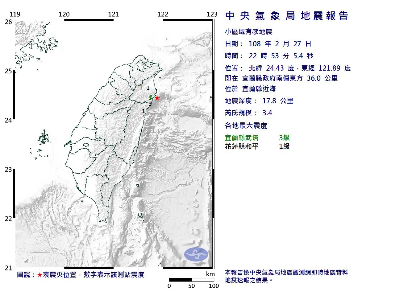 宜蘭近海地牛翻身 最大震度3級