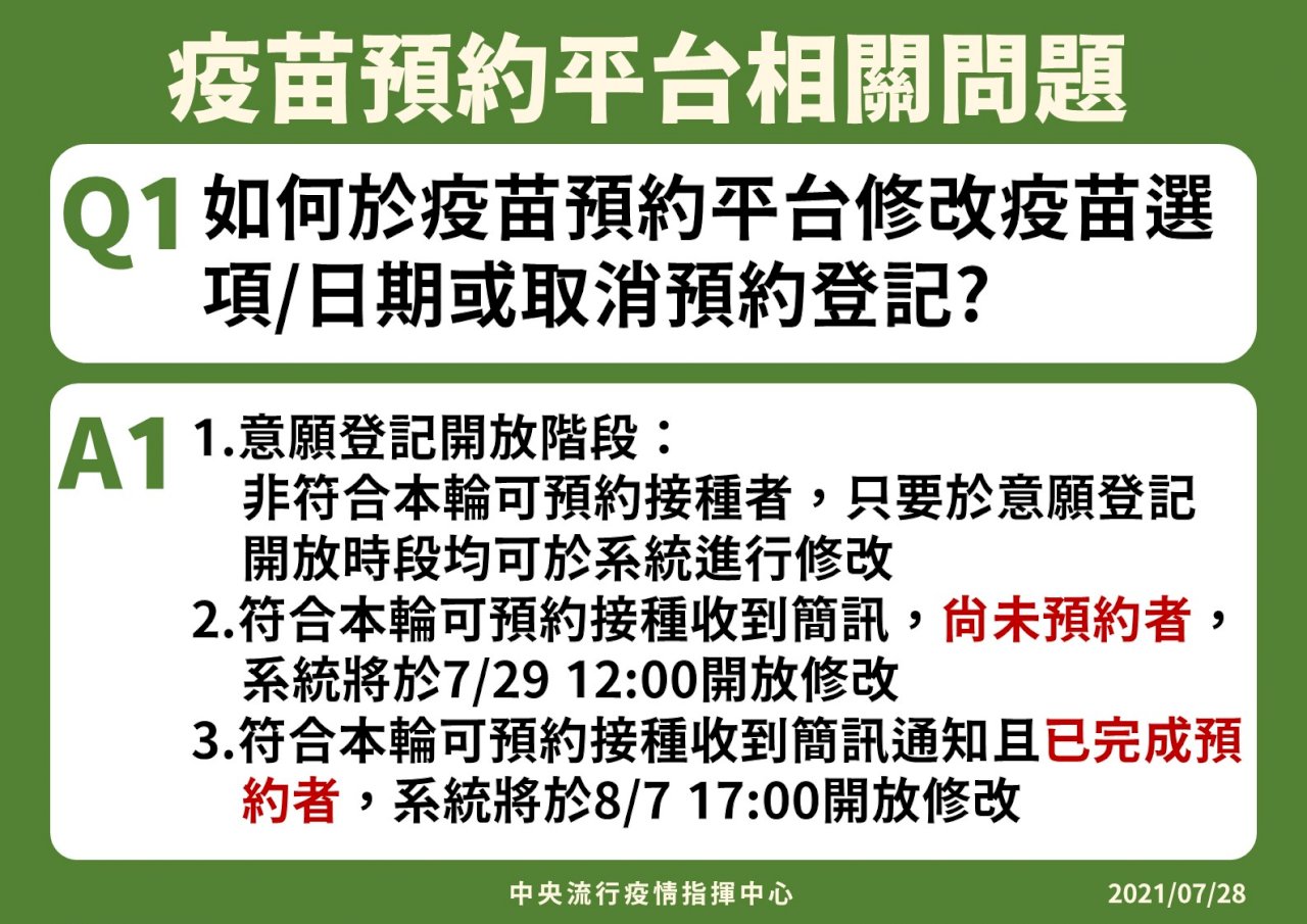 想修改施打疫苗選項 請明天午後或8月7日傍晚登錄預約平台