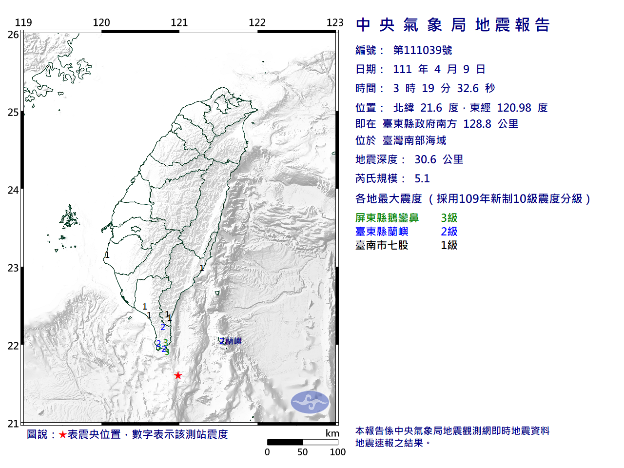 台灣南部海域芮氏5.1地震 最大震度屏東縣3級
