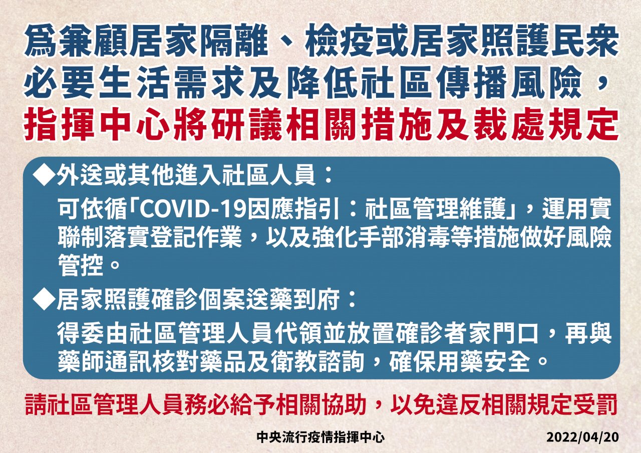 居隔者生活用品與藥物須送至家門口 大樓管委會違者開罰