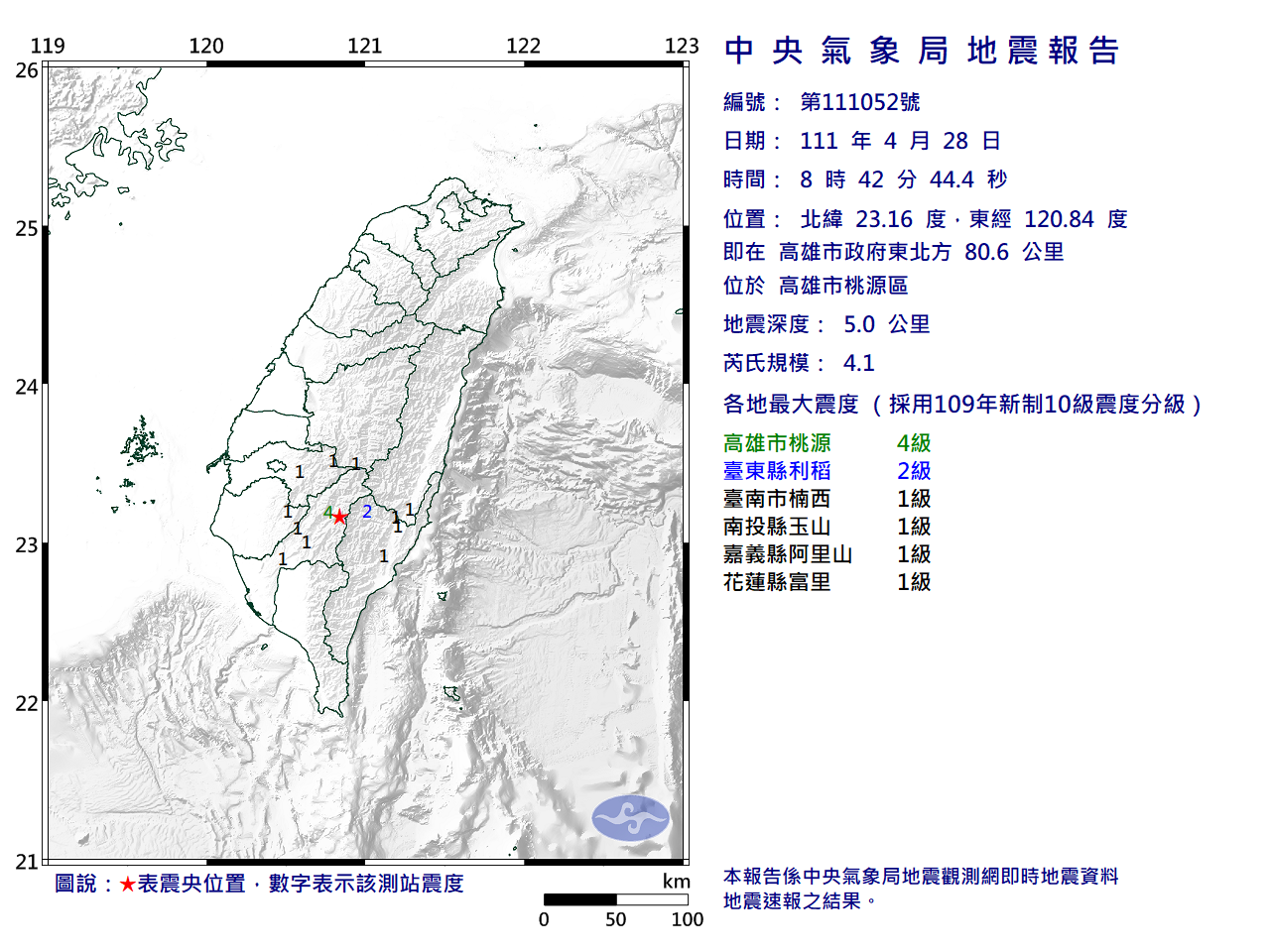 高雄桃源區規模4.1地震 最大震度4級