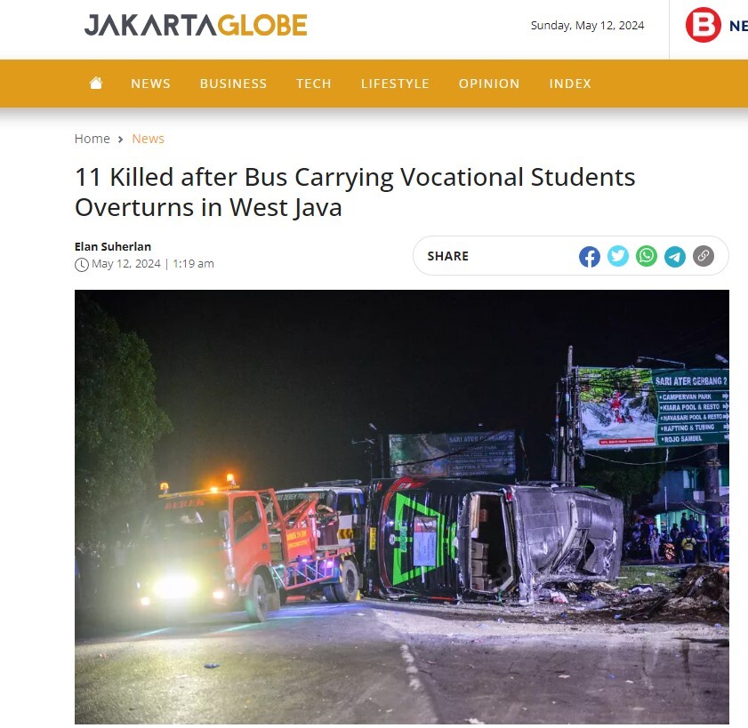 印尼西爪哇一輛滿載學生巴士翻車 11人死亡